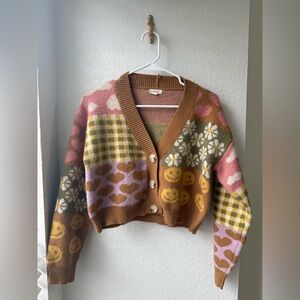 DEBUT PATCHWORK COLORBLOCK CROPPED CARDIGAN EUC SIZE EXTRA SMALL